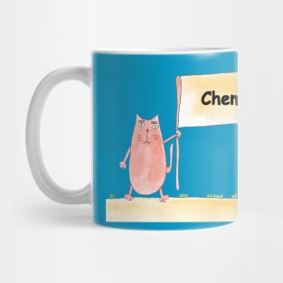 Chemist. Profession, work, job. Cat shows a banner with the inscription. Watercolor illustration. A gift for a professional. Mug